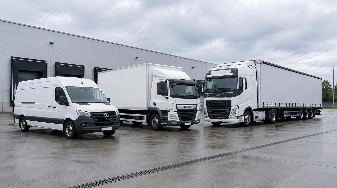 Bewerkte voorbeeldafbeelding van een bestelbus, bakwagen en trekker met oplegger